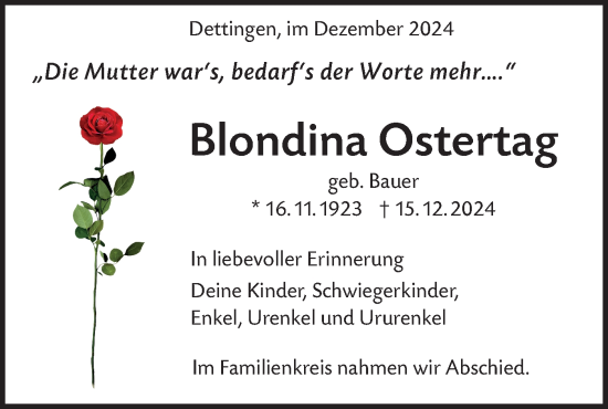 Traueranzeige von Blondina Ostertag von Alb-Bote/Metzinger-Uracher Volksblatt