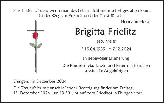 Traueranzeige von Brigitta Frielitz von Ehinger Tagblatt