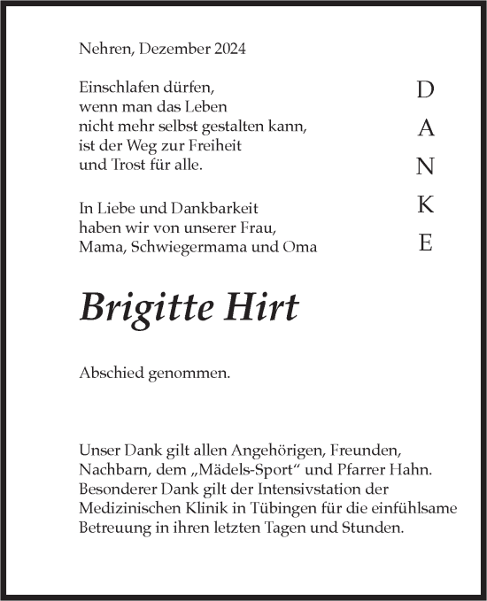 Traueranzeige von Brigitte Hirt von Schwäbische Tagblatt