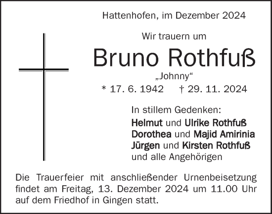 Traueranzeige von Bruno Rothfuß von NWZ Neue Württembergische Zeitung/Geislinger Zeitung