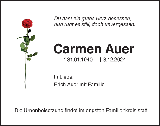 Traueranzeige von Carmen Auer von SÜDWEST PRESSE Ausgabe Ulm/Neu-Ulm