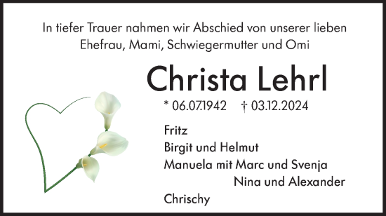 Traueranzeige von Christa Lehrl von SÜDWEST PRESSE Ausgabe Ulm/Neu-Ulm