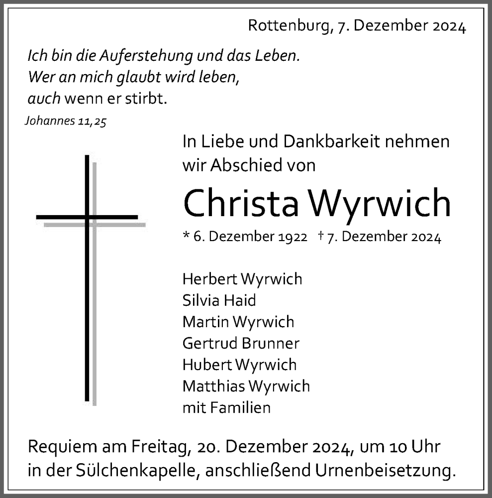  Traueranzeige für Christa Wyrwich vom 14.12.2024 aus Schwäbische Tagblatt