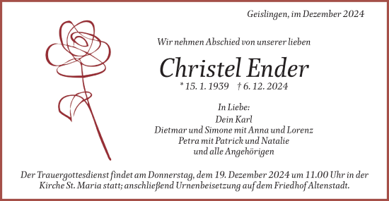 Traueranzeige von Christel Ender von Geislinger Zeitung