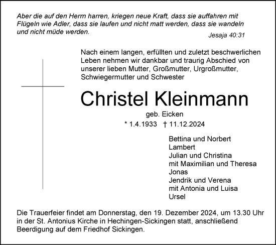 Traueranzeige von Christel Kleinmann von SÜDWEST PRESSE Zollernalbkreis/Hohenzollerische Zeitung