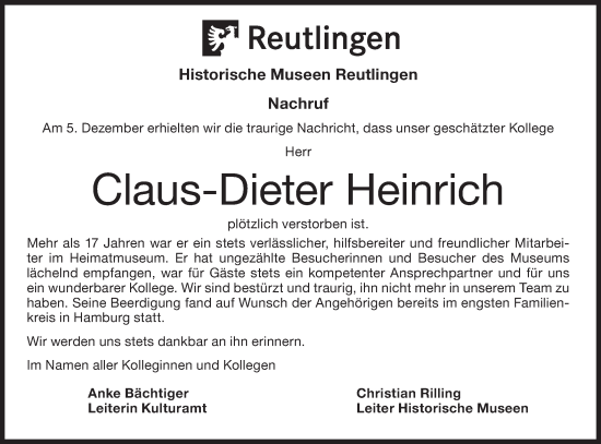 Traueranzeige von Claus-Dieter Heinrich von Alb-Bote/Metzinger-Uracher Volksblatt