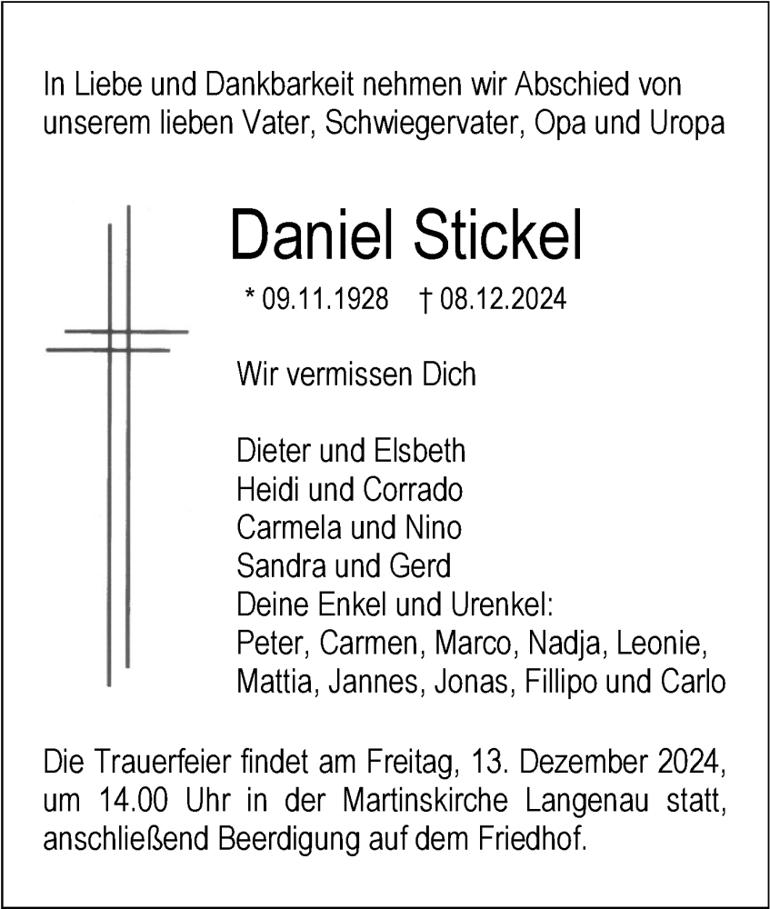  Traueranzeige für Daniel Stickel vom 10.12.2024 aus SÜDWEST PRESSE Ausgabe Ulm/Neu-Ulm