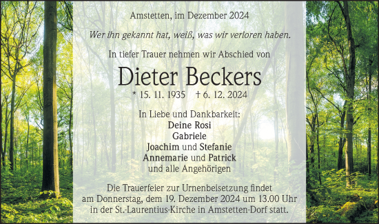 Traueranzeige von Dieter Beckers von Geislinger Zeitung