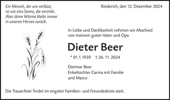 Traueranzeige von Dieter Beer von Alb-Bote/Metzinger-Uracher Volksblatt