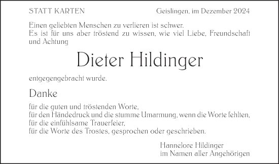 Traueranzeige von Dieter Hildinger von Geislinger Zeitung