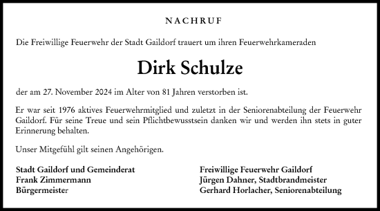 Traueranzeige von Dirk Schulze von Rundschau Gaildorf