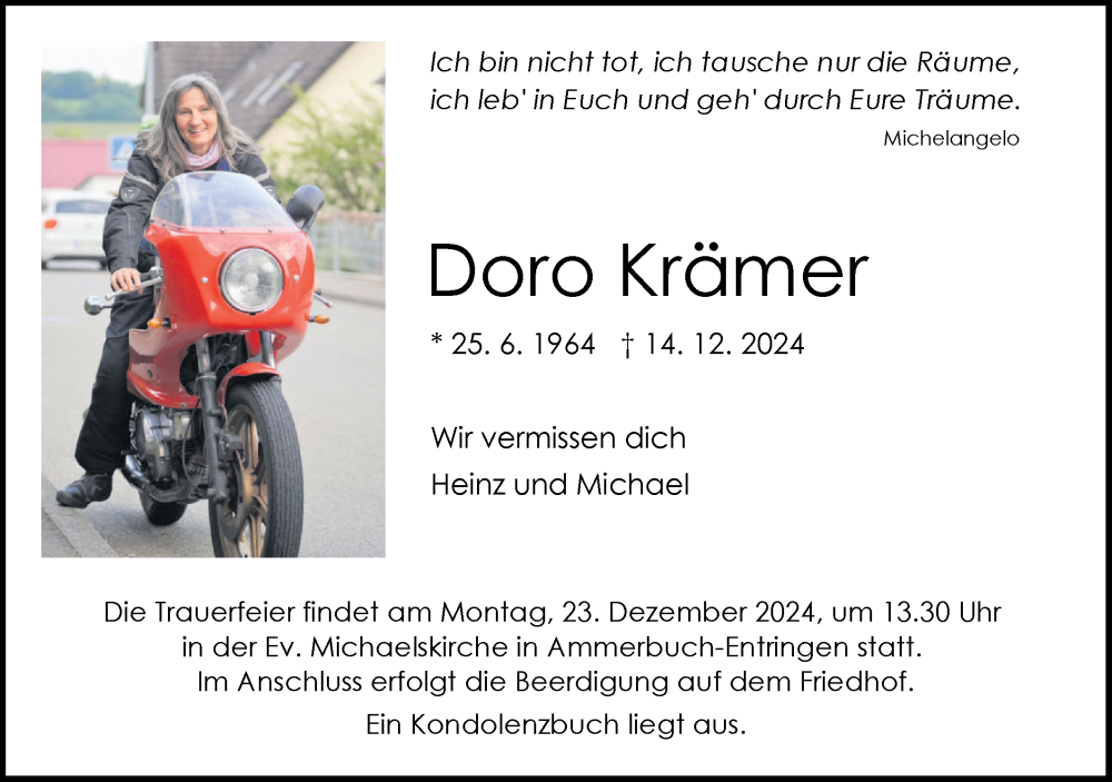  Traueranzeige für Doro Krämer vom 20.12.2024 aus Schwäbische Tagblatt