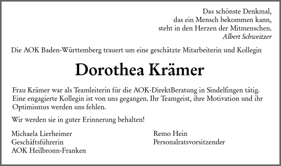 Traueranzeige von Dorothea Krämer von Schwäbische Tagblatt