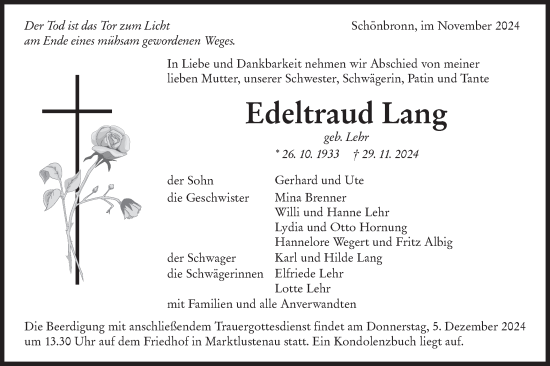 Traueranzeige von Edeltraud Lang von Hohenloher Tagblatt