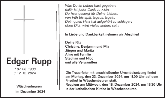 Traueranzeige von Edgar Rupp von NWZ Neue Württembergische Zeitung