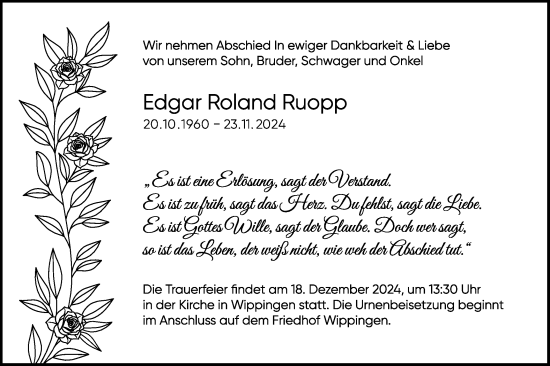 Traueranzeige von Edgar Roland Ruopp von SÜDWEST PRESSE Ausgabe Ulm/Neu-Ulm