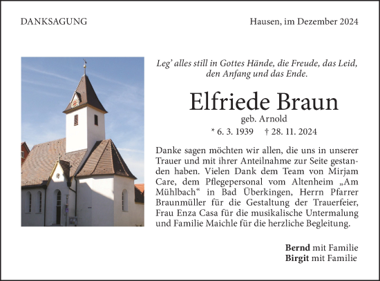 Traueranzeige von Elfriede Braun von Geislinger Zeitung