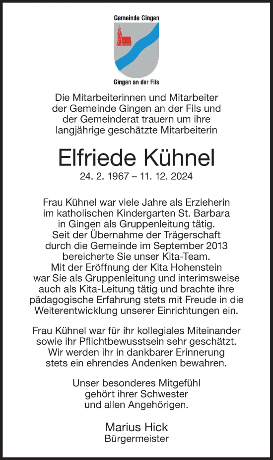 Traueranzeige von Elfriede Kühnel von Geislinger Zeitung