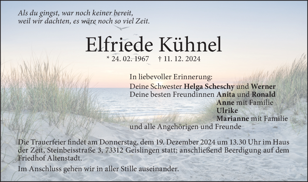  Traueranzeige für Elfriede Kühnel vom 14.12.2024 aus Geislinger Zeitung