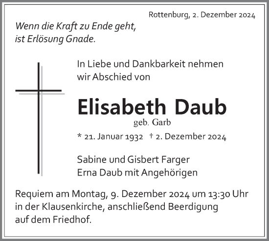 Traueranzeige von Elisabeth Daub von Schwäbische Tagblatt