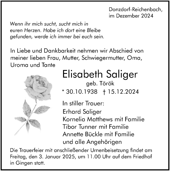 Traueranzeige von Elisabeth Saliger von NWZ Neue Württembergische Zeitung