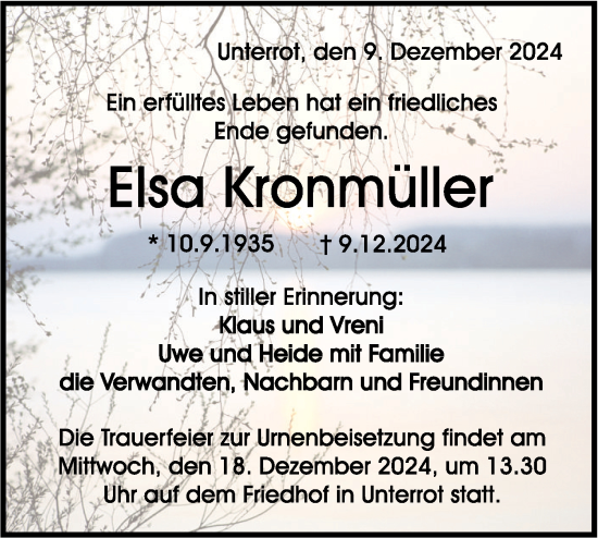 Traueranzeige von Elsa Kronmüller von Rundschau Gaildorf