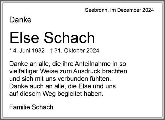 Traueranzeige von Else Schach von Schwäbische Tagblatt