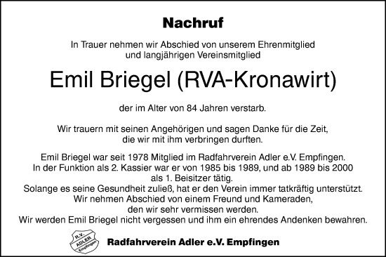 Traueranzeige von Emil Briegel von Neckar-Chronik