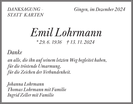 Traueranzeige von Emil Lohrmann von Geislinger Zeitung