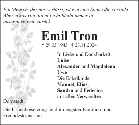 Traueranzeige von Emil Tron von SÜDWEST PRESSE Ausgabe Ulm/Neu-Ulm