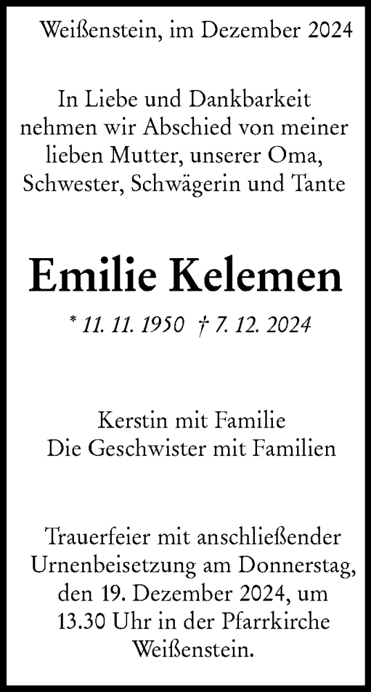 Traueranzeige von Emilie Kelemen von NWZ Neue Württembergische Zeitung