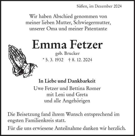 Traueranzeige von Emma Fetzer von NWZ Neue Württembergische Zeitung