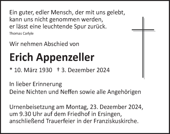 Traueranzeige von Erich Appenzeller von Ehinger Tagblatt