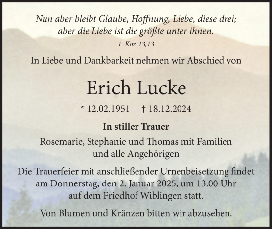 Traueranzeige von Erich Lucke von SÜDWEST PRESSE Ausgabe Ulm/Neu-Ulm