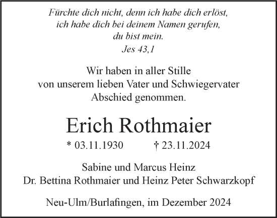 Traueranzeige von Erich Rothmaier von SÜDWEST PRESSE Ausgabe Ulm/Neu-Ulm