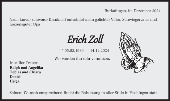 Traueranzeige von Erich Zoll von SÜDWEST PRESSE Zollernalbkreis/Hohenzollerische Zeitung