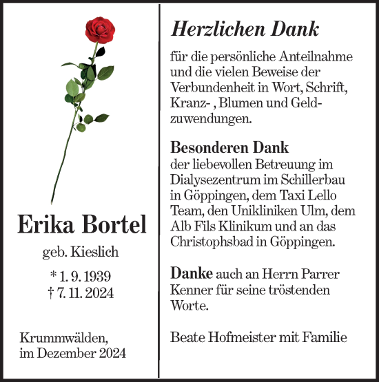 Traueranzeige von Erika Bortel von NWZ Neue Württembergische Zeitung/Geislinger Zeitung