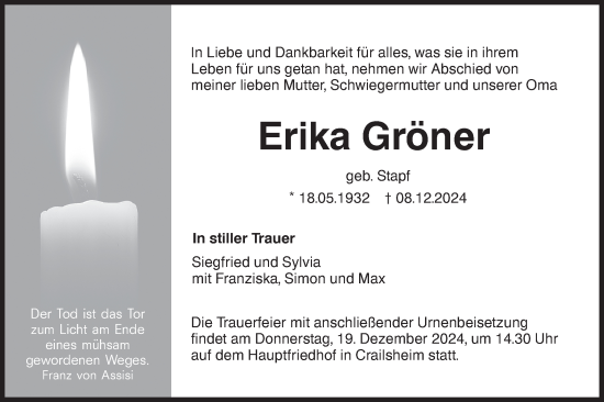 Traueranzeige von Erika Gröner von Hohenloher Tagblatt