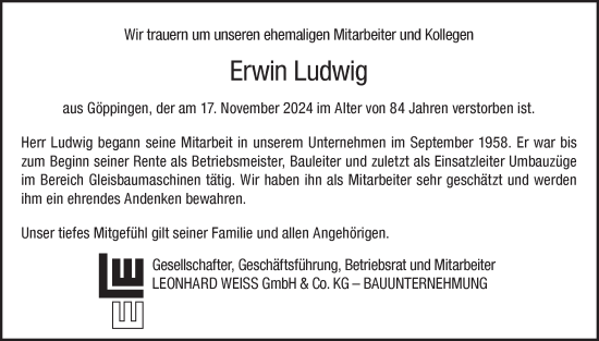 Traueranzeige von Erwin Ludwig von NWZ Neue Württembergische Zeitung