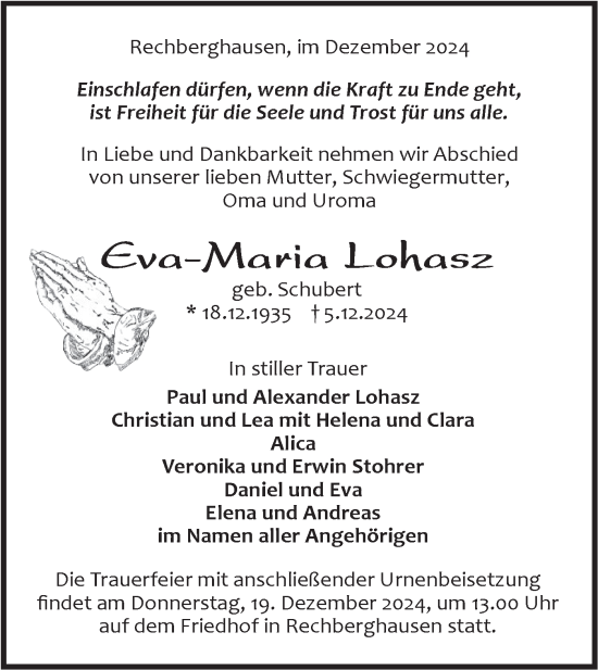 Traueranzeige von Eva-Maria Lohasz von NWZ Neue Württembergische Zeitung