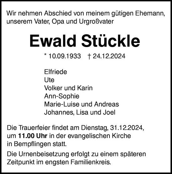 Traueranzeige von Ewald Stückle von Alb-Bote/Metzinger-Uracher Volksblatt