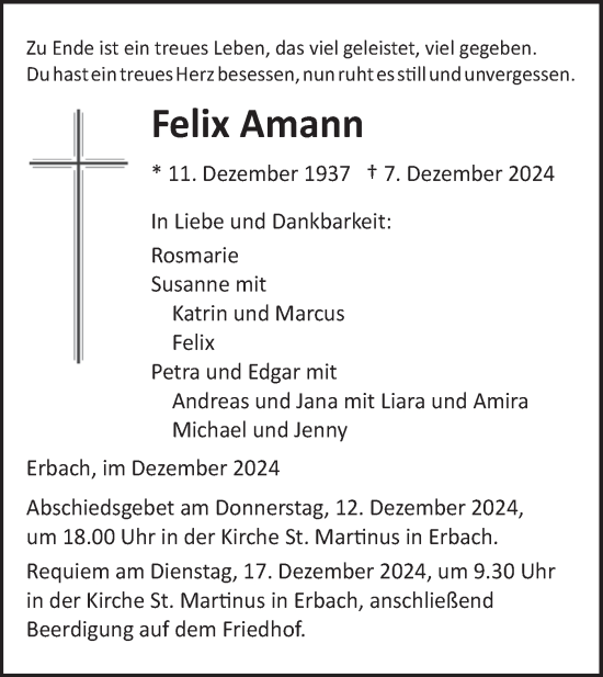 Traueranzeige von Felix Amann von SÜDWEST PRESSE Ausgabe Ulm/Neu-Ulm