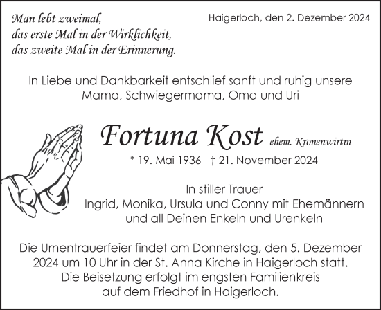 Traueranzeige von Fortuna Kost von SÜDWEST PRESSE Zollernalbkreis/Hohenzollerische Zeitung