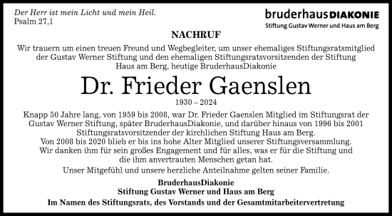 Traueranzeige von Frieder Gaenslen von Alb-Bote/Metzinger-Uracher Volksblatt