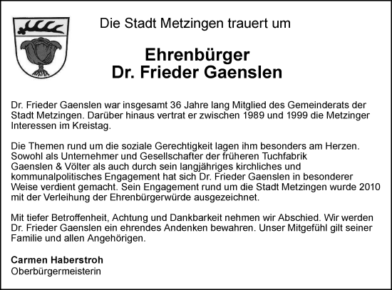 Traueranzeige von Frieder Gaenslen von Alb-Bote/Metzinger-Uracher Volksblatt