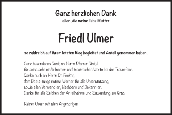 Traueranzeige von Friedl Ulmer von Schwäbische Tagblatt