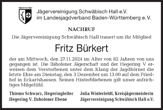 Traueranzeige von Fritz Bürkert von Haller Tagblatt