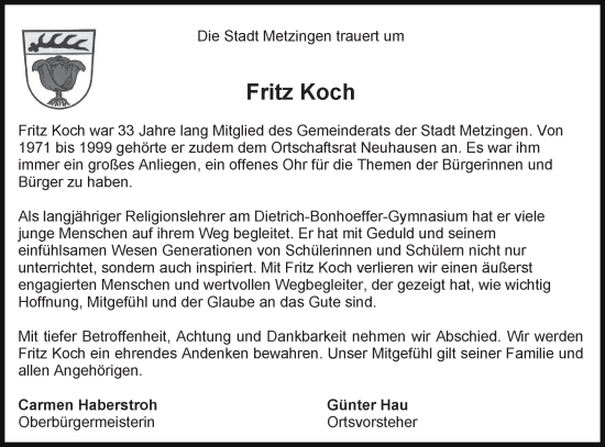 Traueranzeige von Fritz Koch von Alb-Bote/Metzinger-Uracher Volksblatt