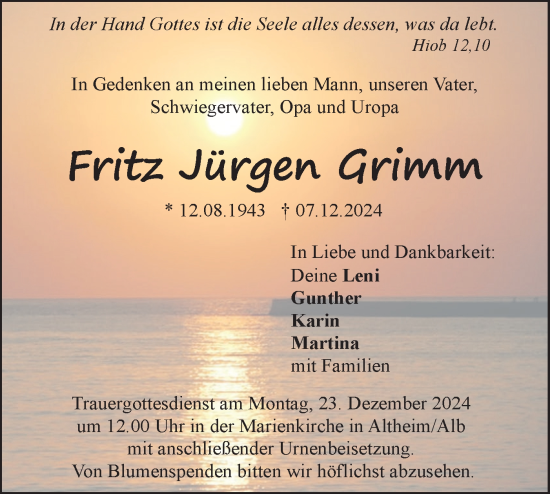 Traueranzeige von Fritz Jürgen Grimm von SÜDWEST PRESSE Ausgabe Ulm/Neu-Ulm