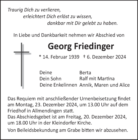 Traueranzeige von Georg Friedinger von Ehinger Tagblatt